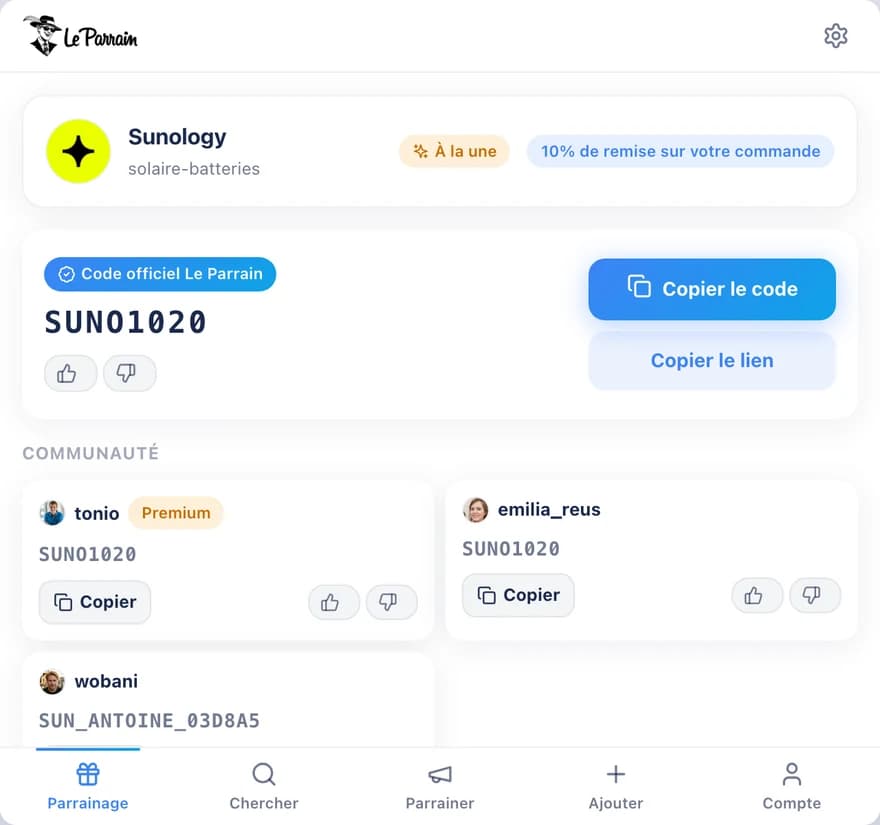 La popup de l'extension Le Parrain sur Sunology : offre à la une et code exclusif.