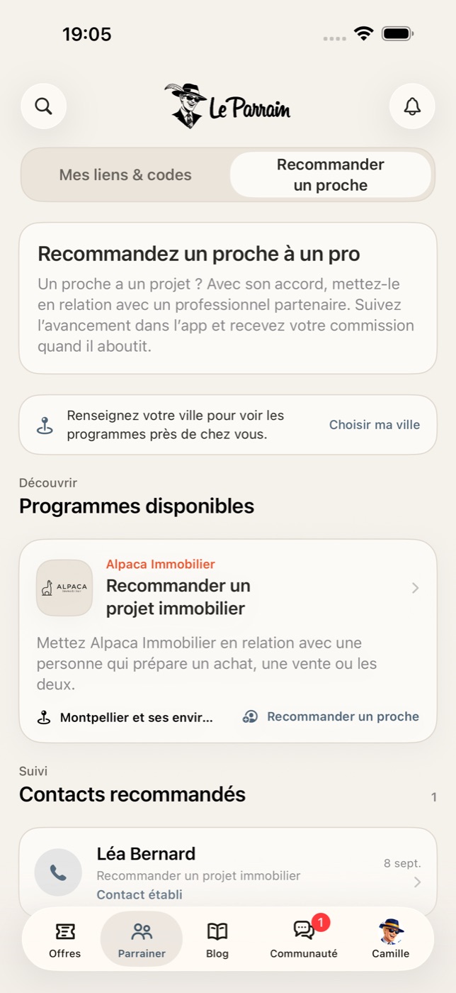 Le Parrain sur iPhone : recommander un proche