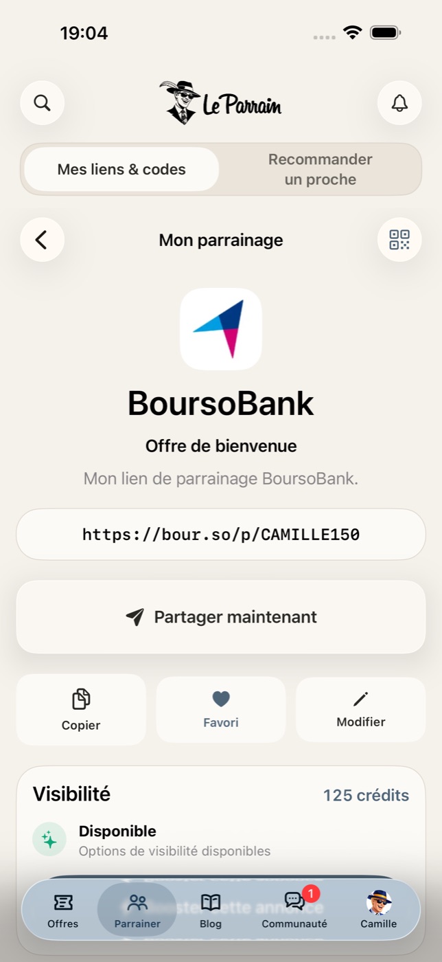 Le Parrain sur iPhone : partager son lien de parrainage BoursoBank