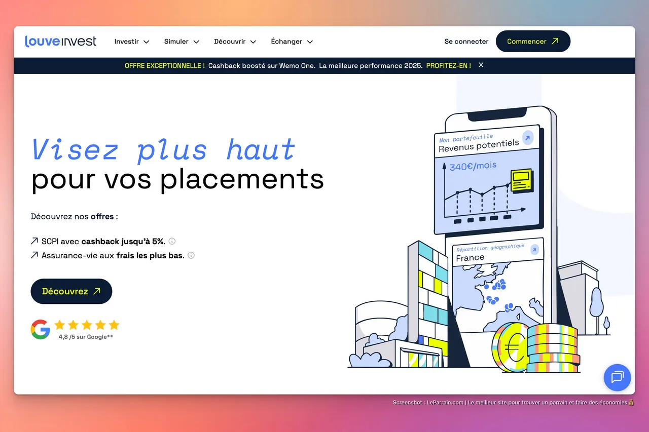 Offre de cashback jusqu'à 5% pour investissements sur Louve Invest.