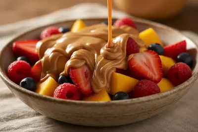 Bol de fruits frais avec crème de cacahuète, idéal pour un snack sain.
