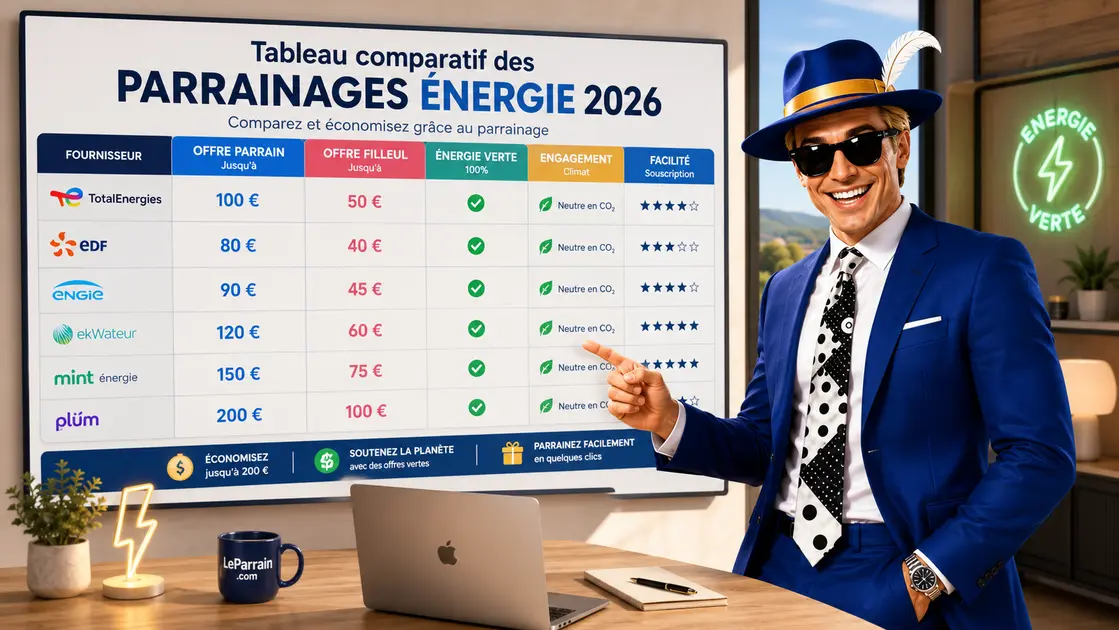 Tableau comparatif des parrainages énergie 2026 avec offres et économies.