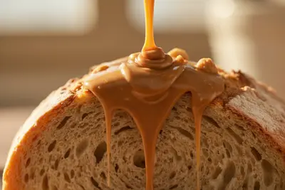 Pain frais avec du caramel coulant sur le dessus, appétissant et gourmand.