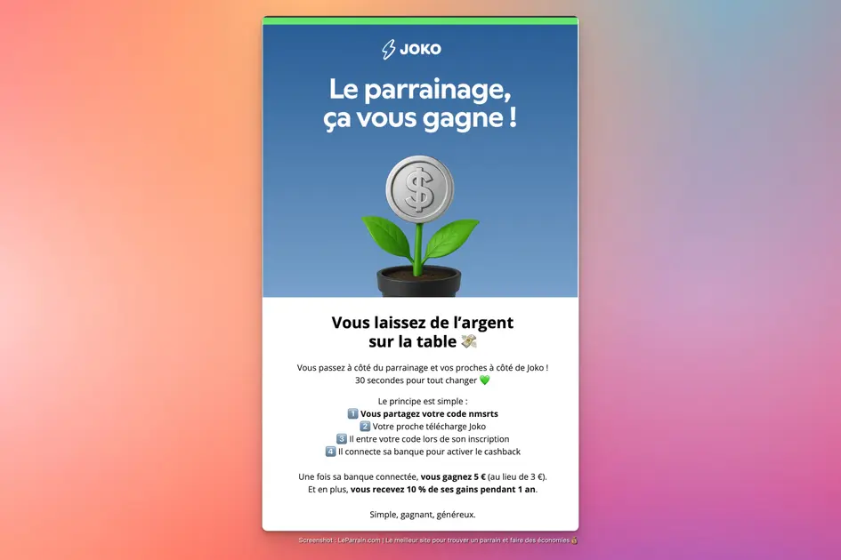 Visuel promotionnel sur le parrainage et cashback avec Joko, gains faciles et rapides.