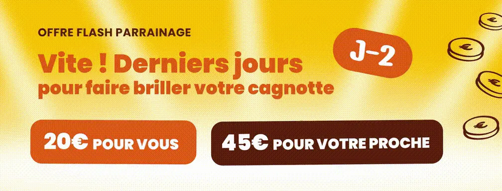 Offre de parrainage avec bonus de 20€ et 45€ pour le parrain et le filleul.