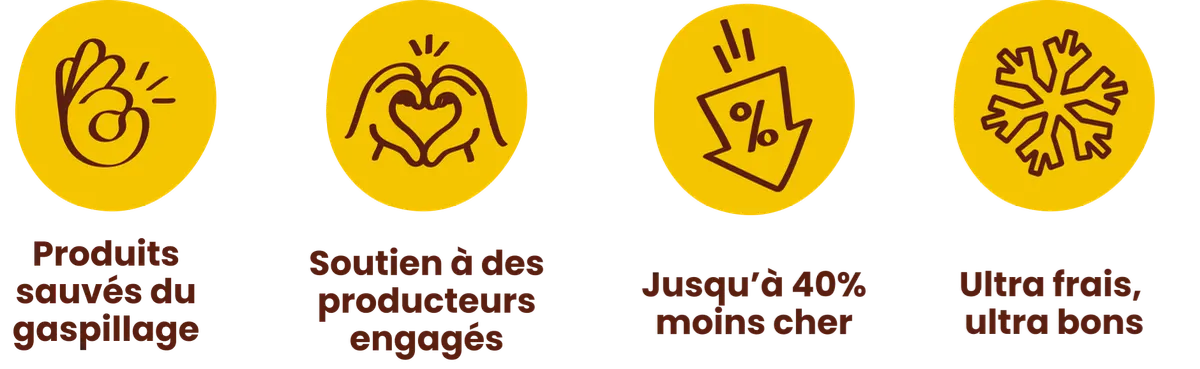 Icônes représentant des avantages d'un service de parrainage : économies et produits frais.