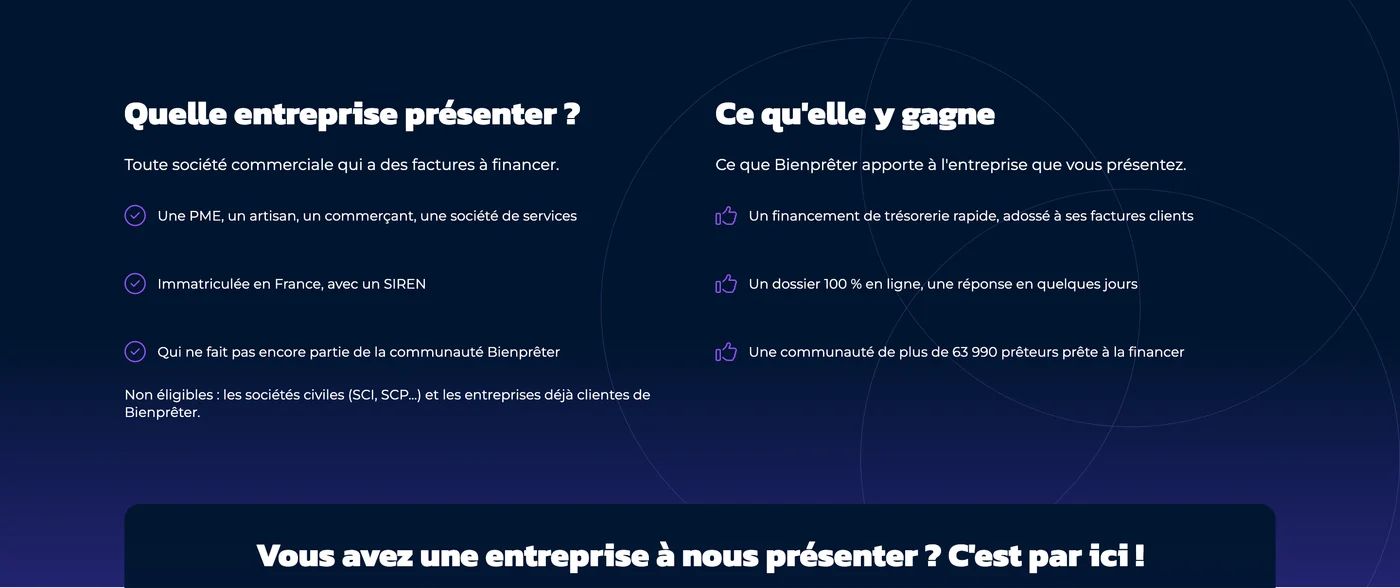 Critères d'éligibilité du Cercle des apporteurs BienPrêter et avantages pour l'entreprise présentée