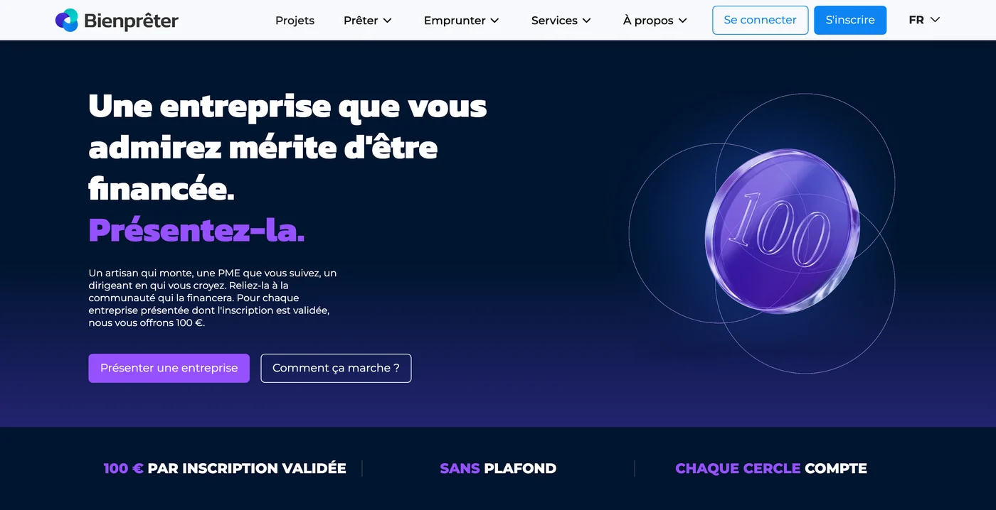 Page d'accueil du Cercle des apporteurs BienPrêter&nbsp;: 100€ par inscription validée, sans plafond