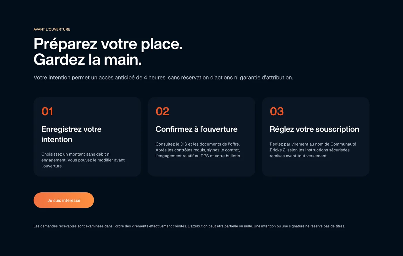Les trois étapes pour souscrire à la levée Bricks Bank&nbsp;: intention, confirmation, règlement