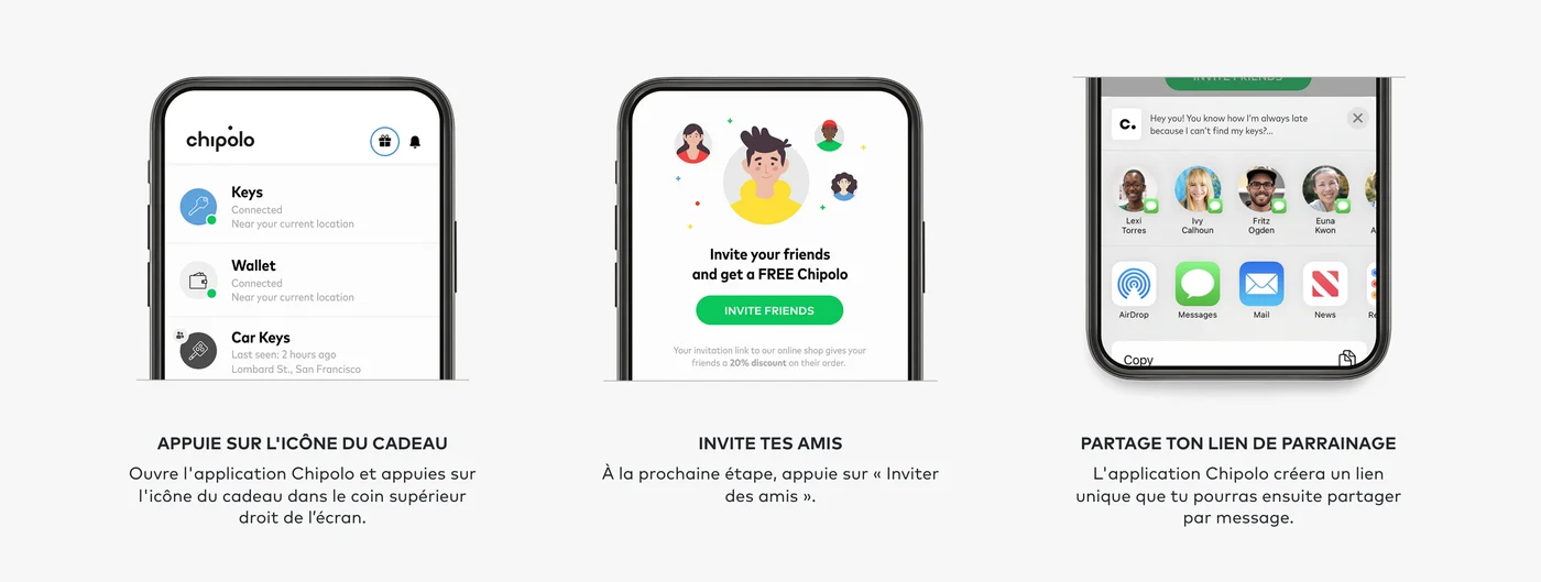Les trois écrans de l'application Chipolo pour inviter des amis&nbsp;: icône cadeau, écran d'invitation et partage du lien
