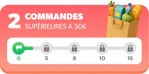 Jauge de fidélité Chronodrive montrant les paliers 5, 8, 10 et 15 commandes, avec la mention de commandes supérieures à 50€