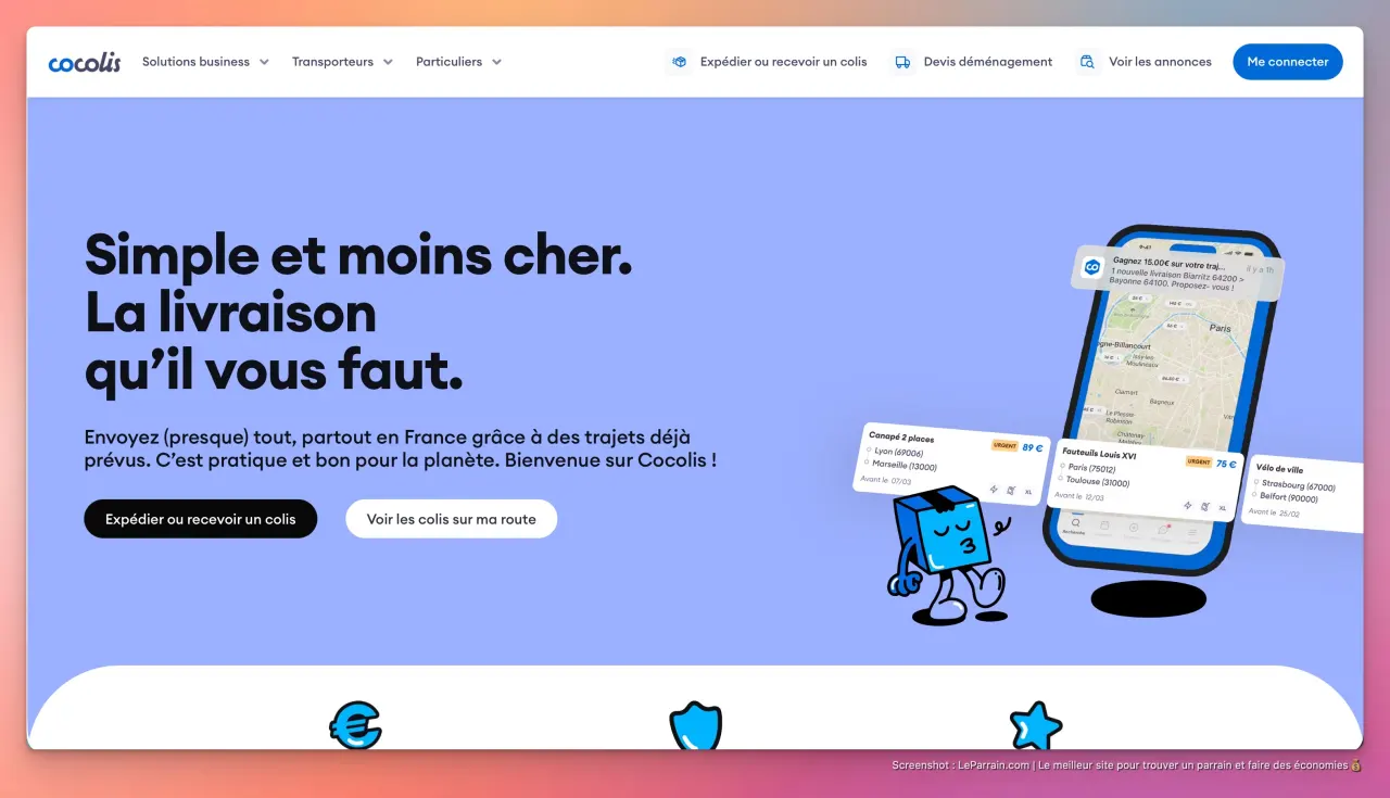 Page d'accueil de Cocolis, service de livraison simple et économique en France.