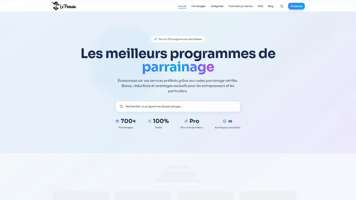 Capture d'écran de l'accueil du site LeParrain avec des programmes de parrainage.