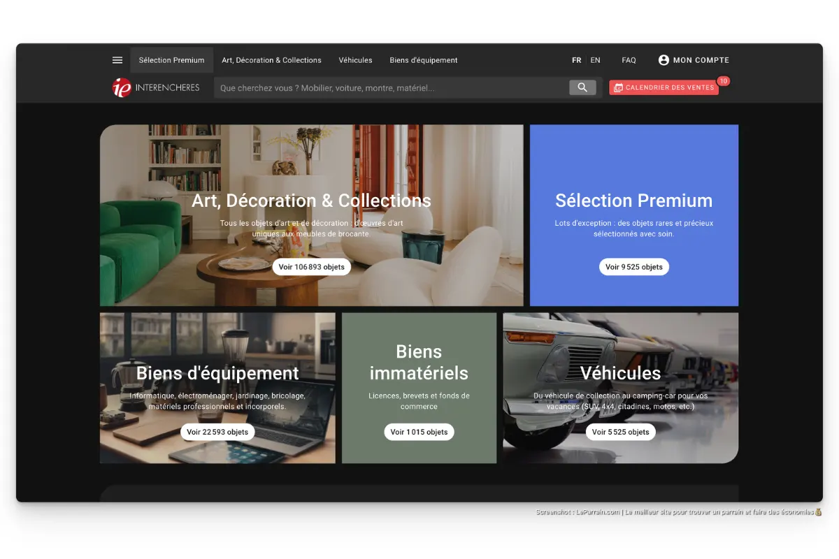 Interface de Interenchères le site d'enchères le plus connu en France.