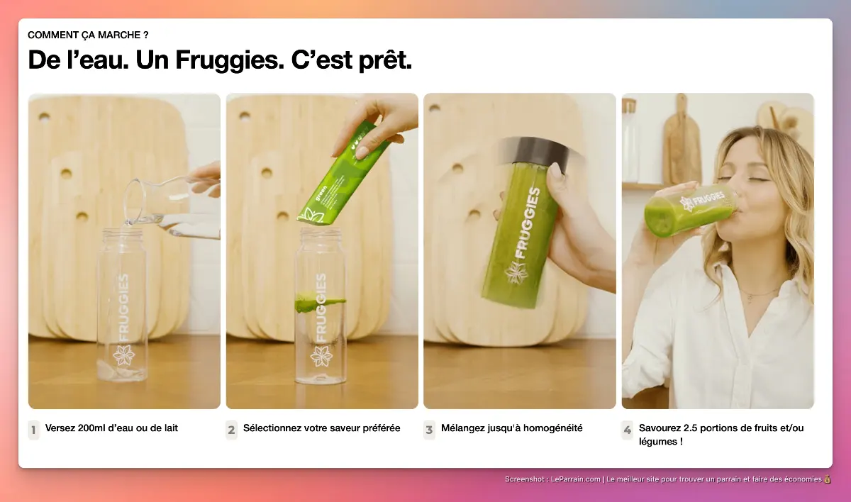 Étapes de préparation d'une boisson Fruggies avec un verre et un mélangeur.