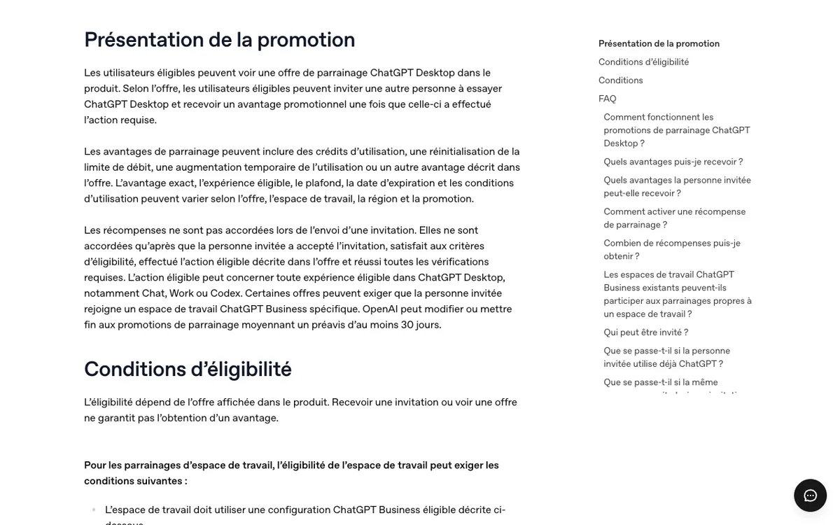 Conditions officielles des promotions de parrainage ChatGPT publiées par OpenAI