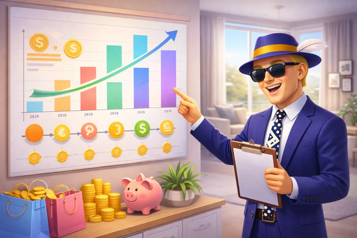 Stan du site LeParrain.com montre un graphique de croissance avec des pièces et un cochon tirelire.