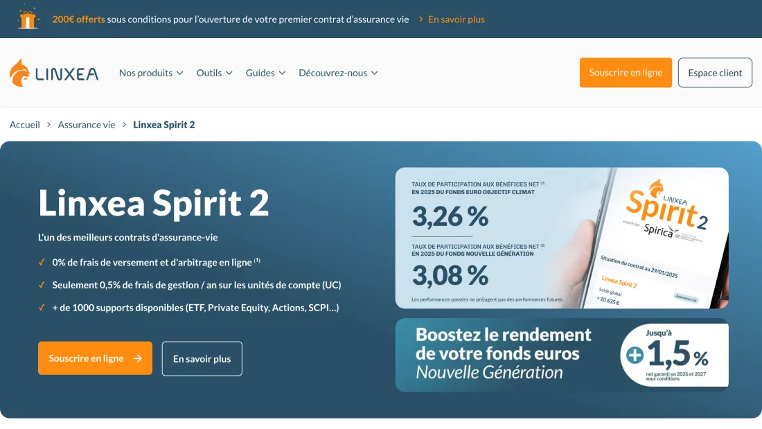 Page du contrat Linxea Spirit 2 : 0% de frais de versement, 0,5% de frais de gestion sur les unités de compte et plus de 1000 supports disponibles