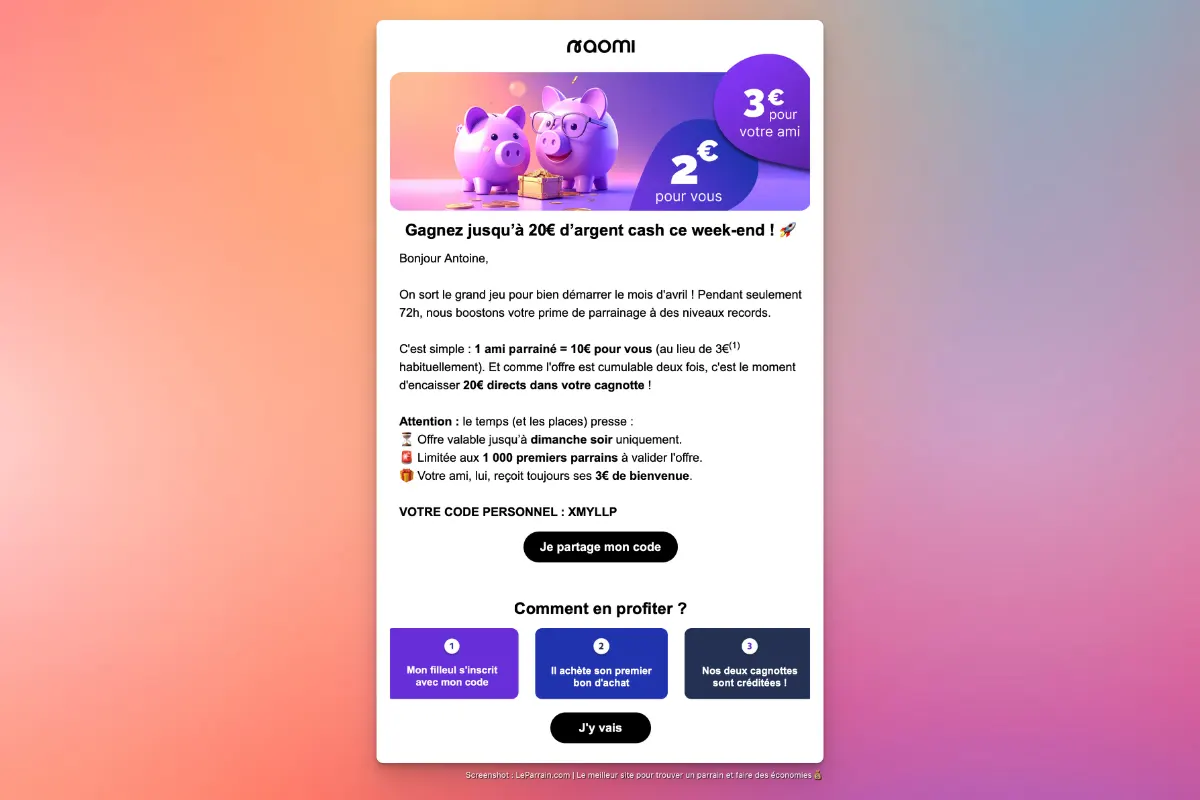 Naomi : jusqu'à 20 euros offerts via le parrainage