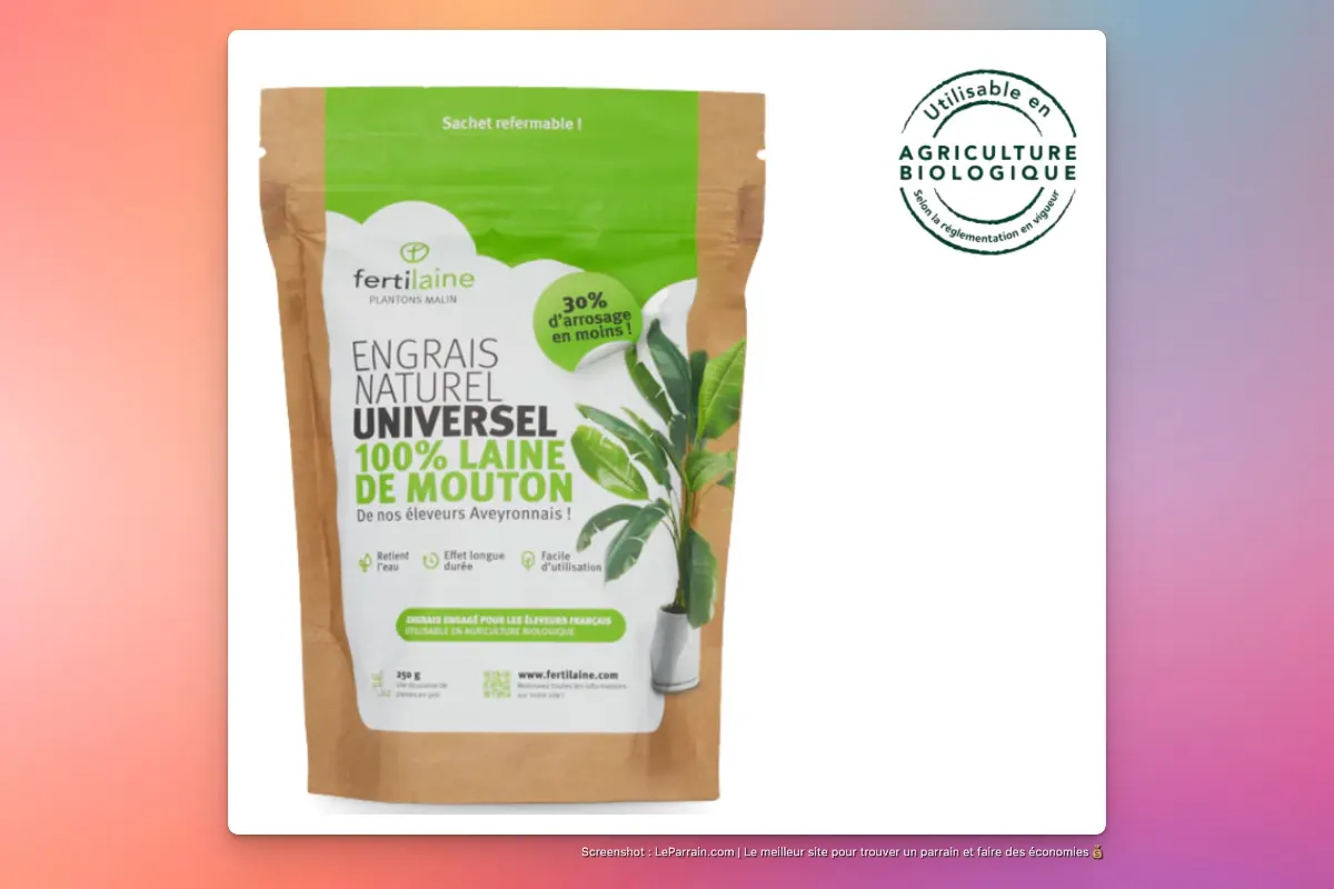 Sachet de 250 g d'engrais naturel à base de laine de mouton, étiquette verte et marron.