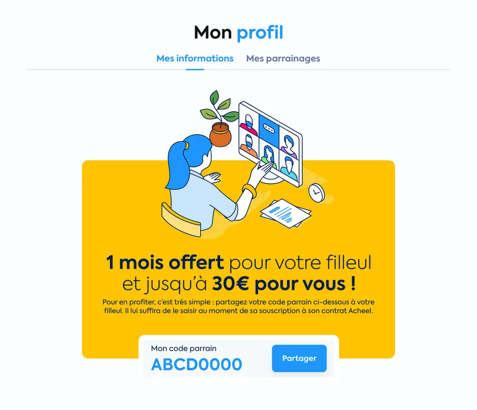 Femme utilisant un ordinateur pour gérer son profil et des parrainages en ligne.