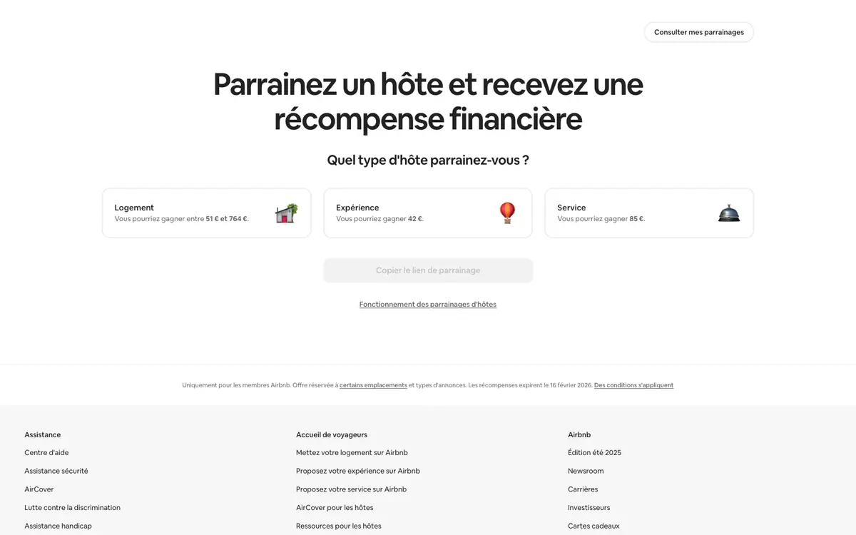 Page programme de parrainage Airbnb