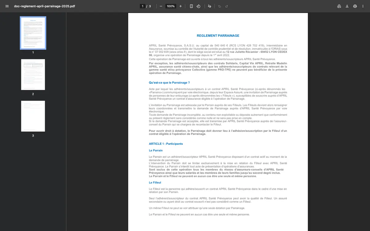 Page programme de parrainage April Assurances
