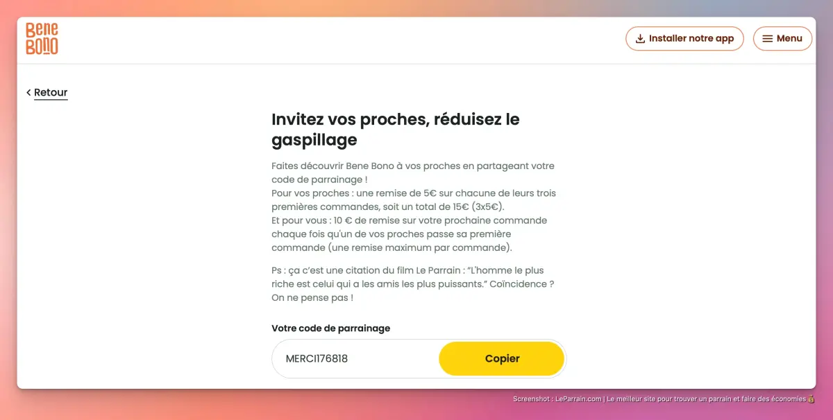 Capture d'écran 2 du programme de parrainage Bene Bono