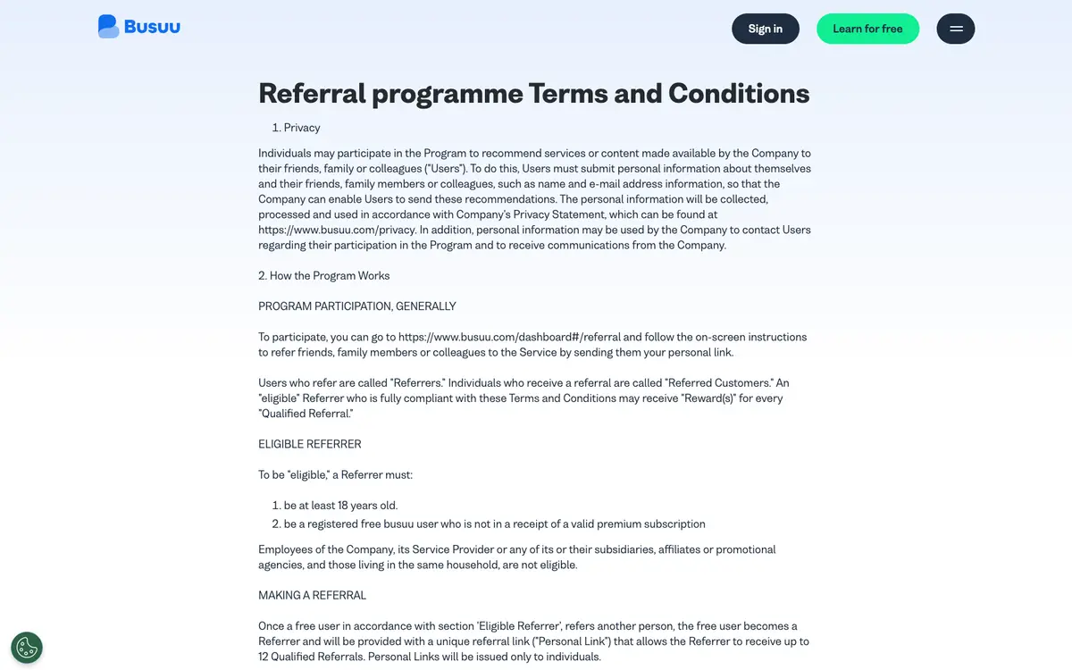 Page programme de parrainage Busuu