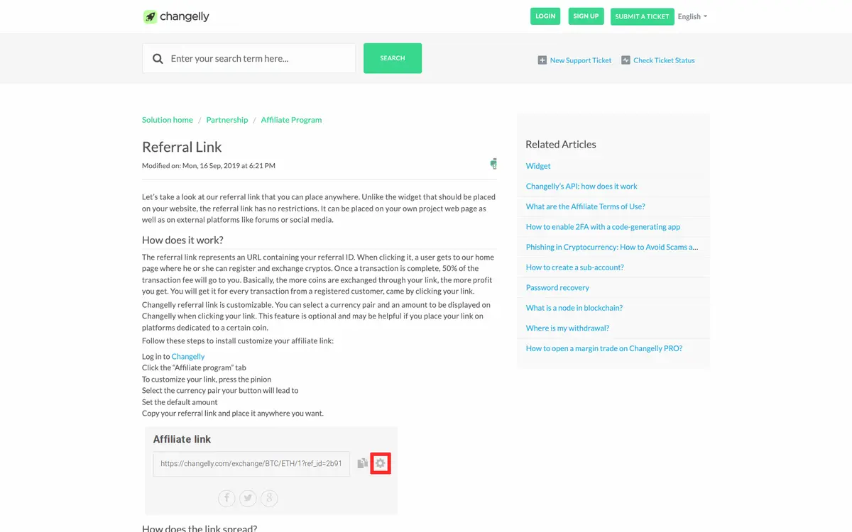Page programme de parrainage Changelly
