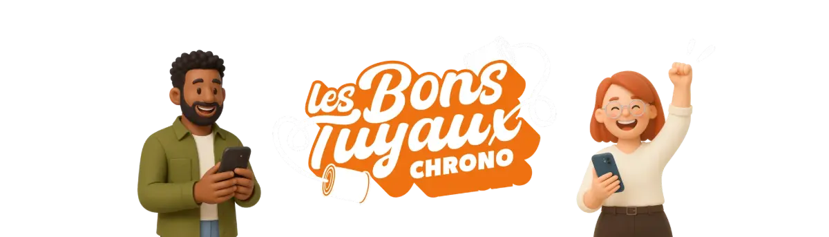 Deux personnes souriantes tenant des smartphones, avec le logo "les Bons Tuyaux Chrono" en arrièr...
