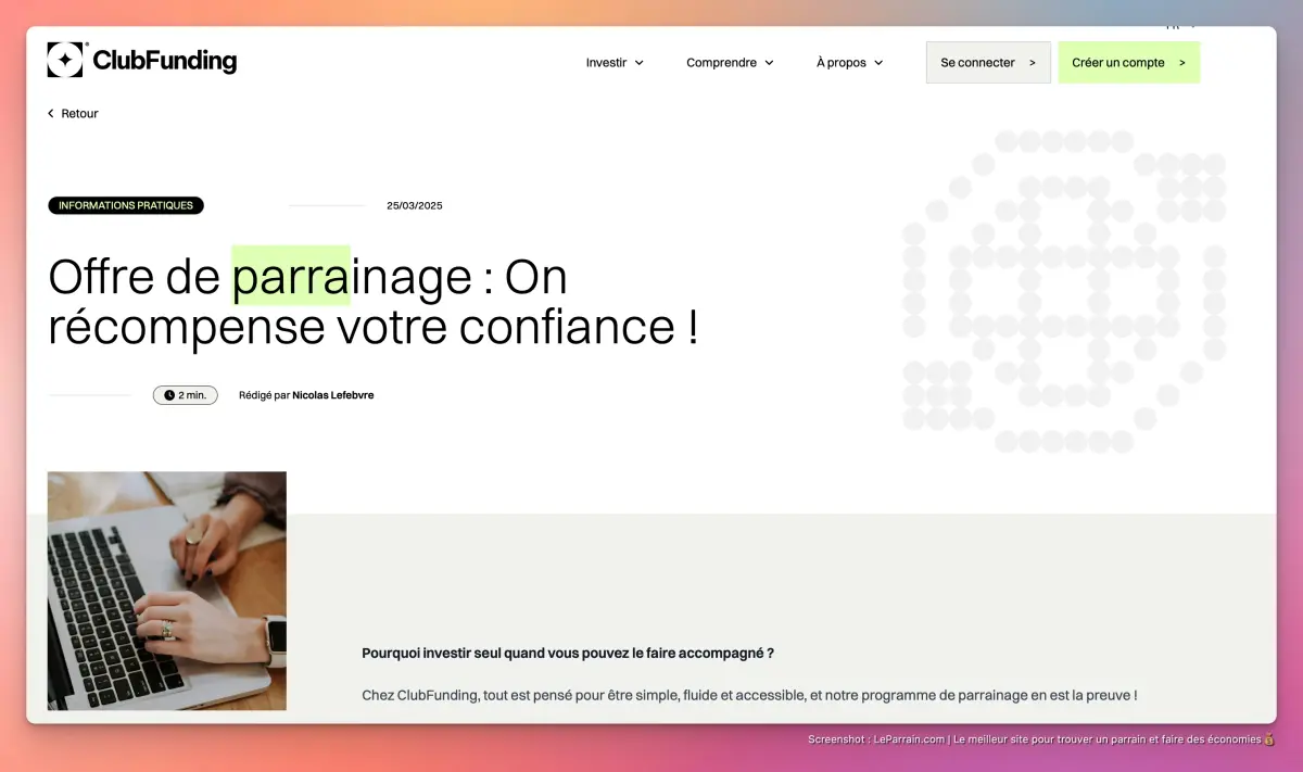 Capture d'écran 4 du programme de parrainage ClubFunding