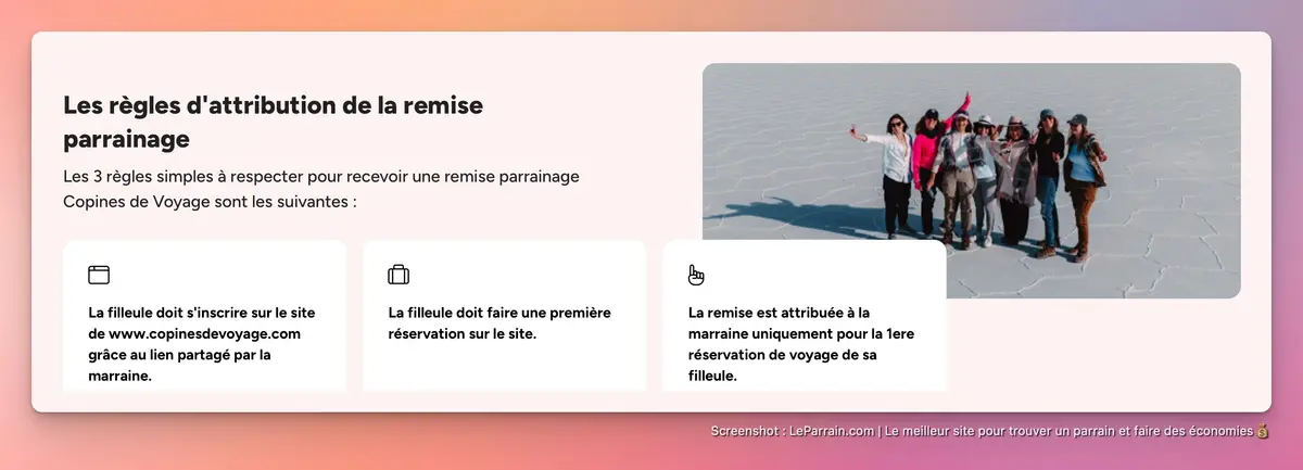 Capture d'écran 2 du programme de parrainage Copines de voyage