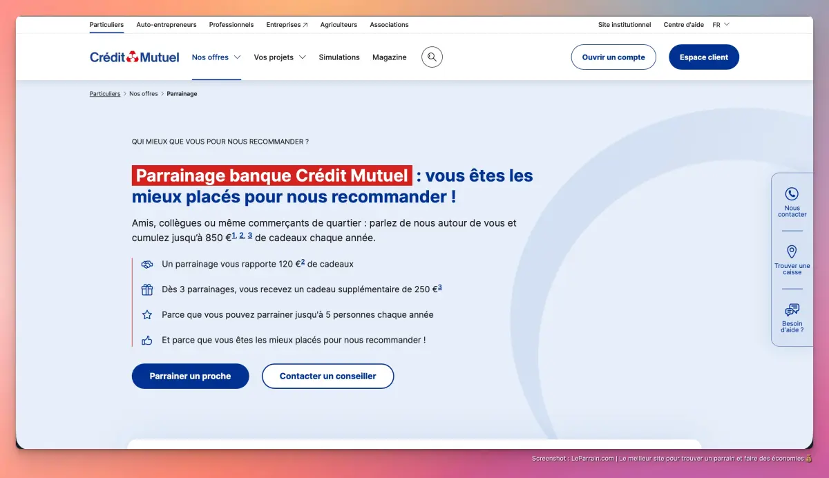 Capture d'écran 1 du programme de parrainage Crédit Mutuel