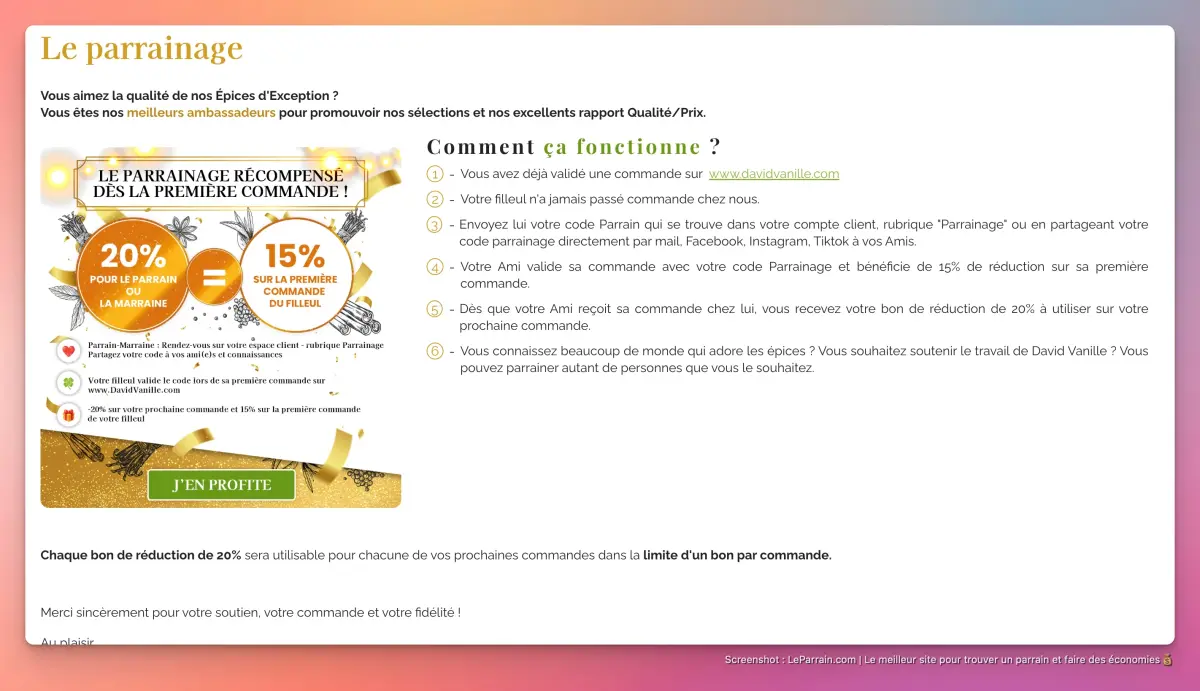 Capture d'écran 1 du programme de parrainage David vanille