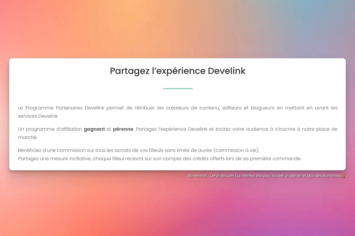 Capture d'écran 5 du programme de parrainage Develink