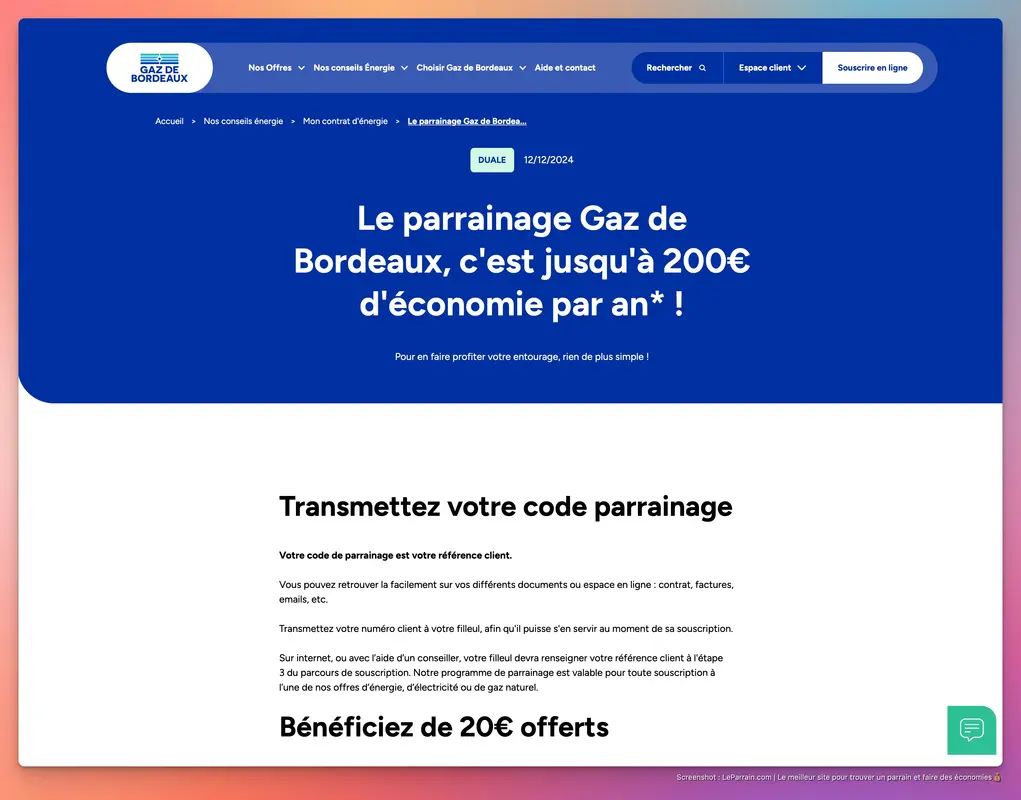 Capture d'écran 2 du programme de parrainage Gaz de Bordeaux