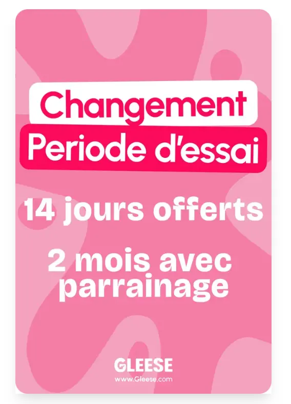 Fond rose avec texte blanc et rouge annonçant une période d'essai et des offres.