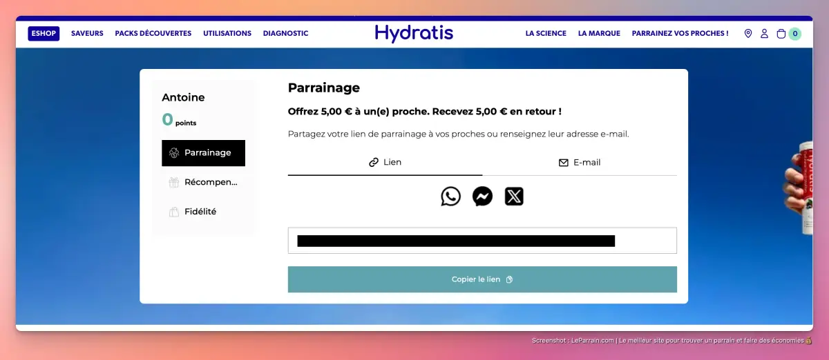 Capture d'écran 1 du programme de parrainage Hydratis