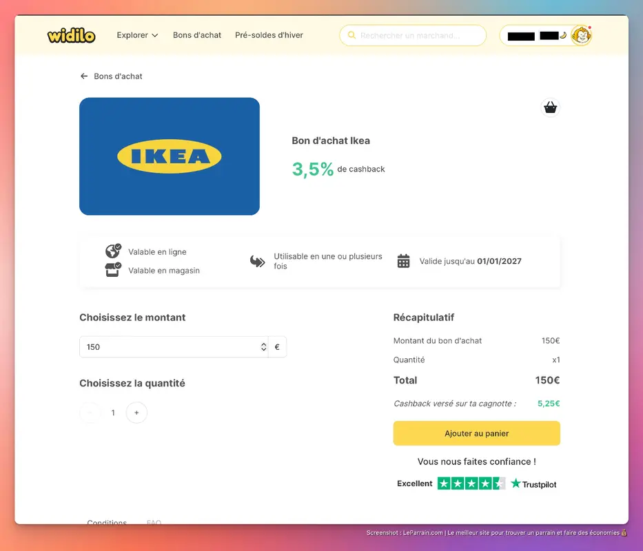 Bons d'achat IKEA affichant montant et cashback sur fond coloré.