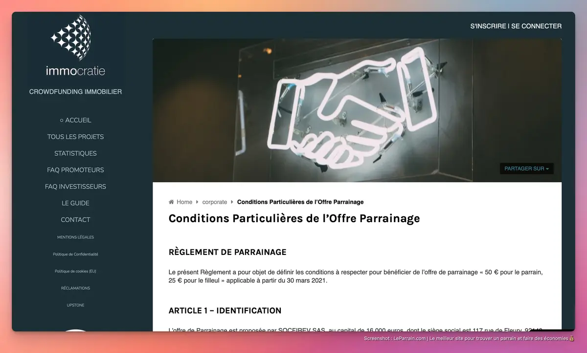 Capture d'écran 1 du programme de parrainage Immocratie