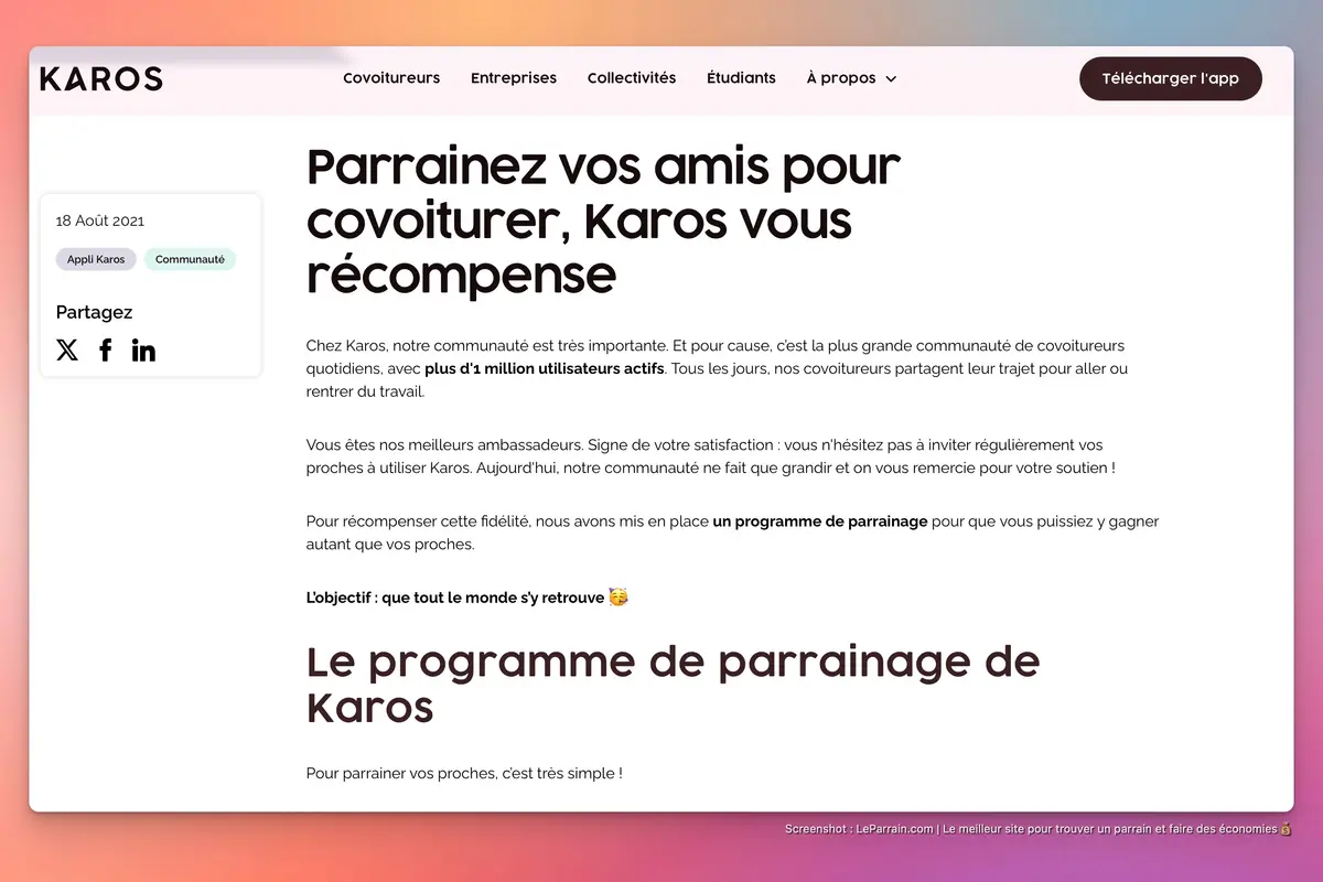 Capture d'écran 1 du programme de parrainage Karos