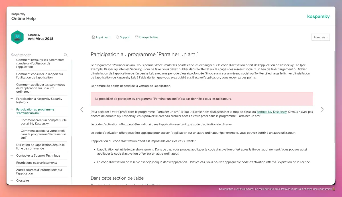 Capture d'écran 2 du programme de parrainage Kaspersky