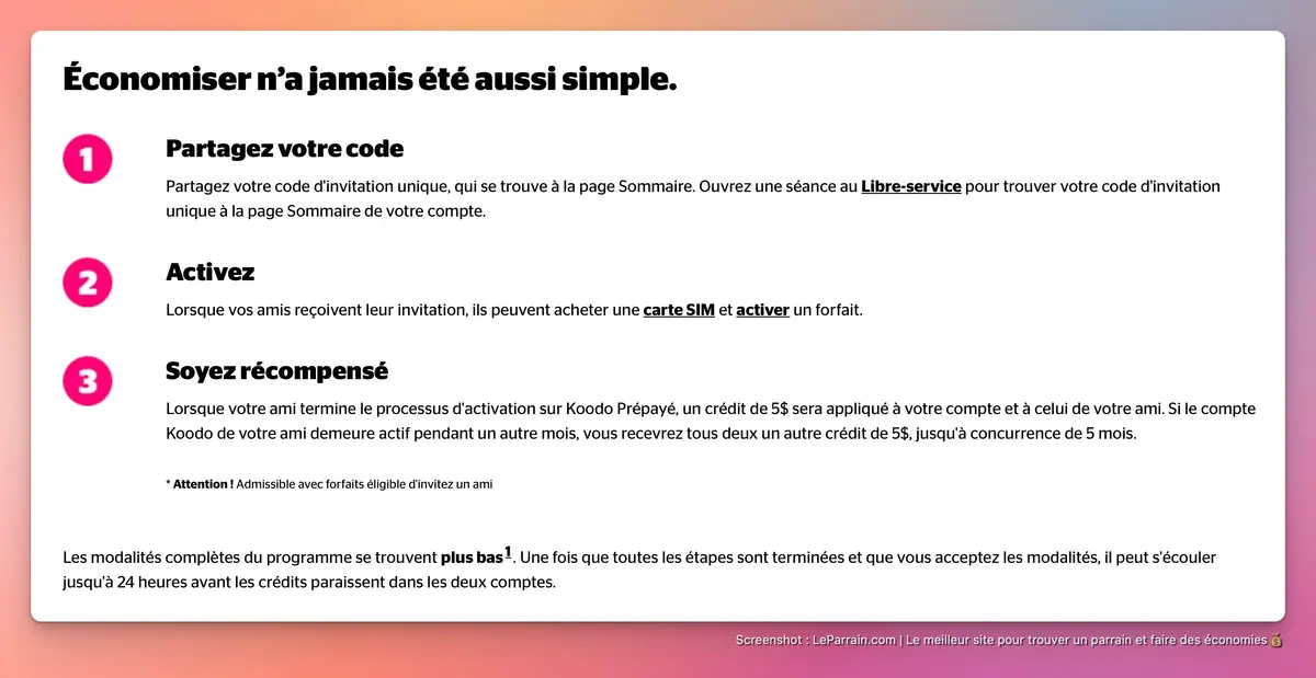 Capture d'écran 2 du programme de parrainage Koodo Mobile