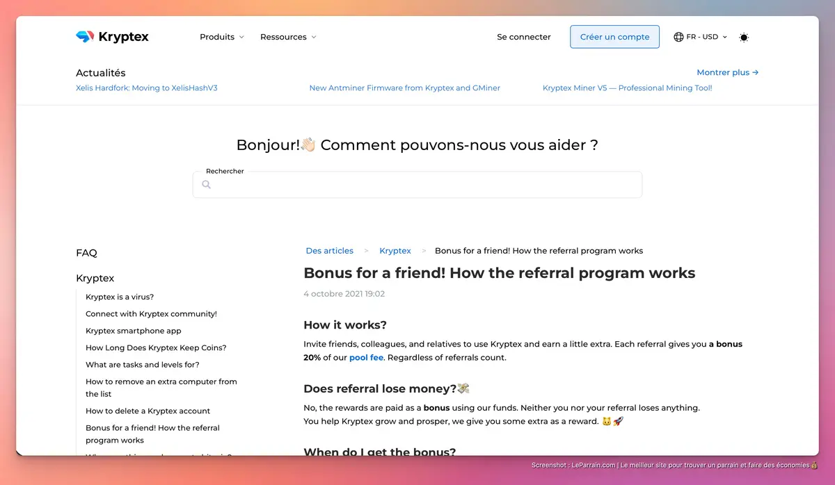 Capture d'écran 1 du programme de parrainage Kryptex