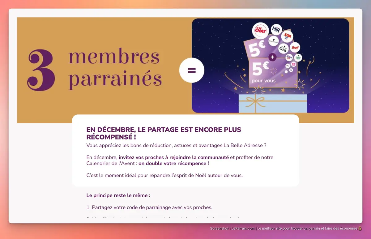 Capture d'écran 1 du programme de parrainage La Belle Adresse