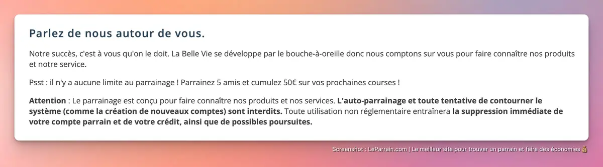 Capture d'écran 2 du programme de parrainage La Belle Vie