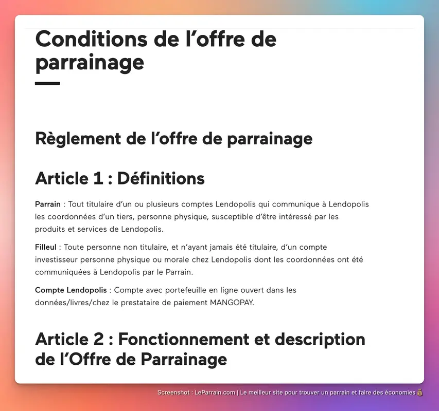 Capture d'écran 1 du programme de parrainage Lendopolis
