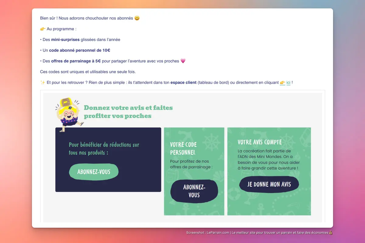 Capture d'écran 1 du programme de parrainage Les Mini Mondes