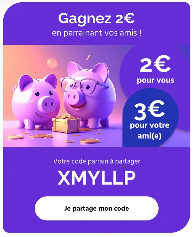 Offre de parrainage avec deux tirelires et un code à partager pour gagner de l'argent.